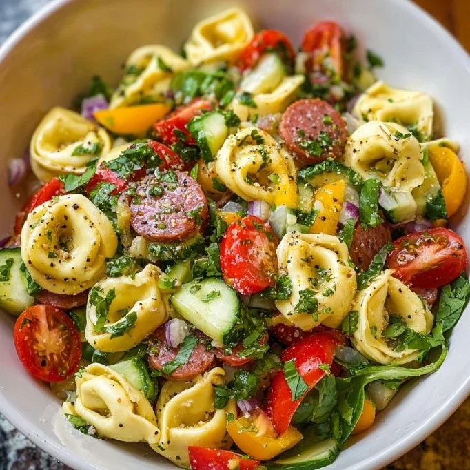 Colorful Tortellini Pasta Salad with fresh vegetables and dressing