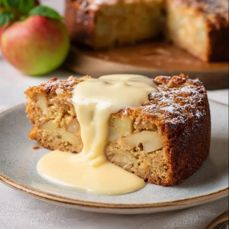 Traditional Irish apple cake served with creamy custard sauce
