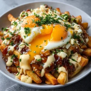 Delicious ultimate breakfast poutine with fries, gravy, and poached eggs