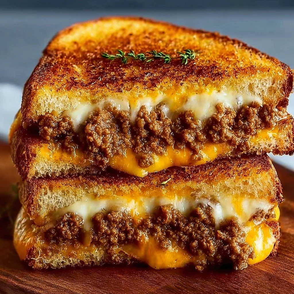 Ultimate cheesy ground beef melt with gooey cheese and flavorful toppings.