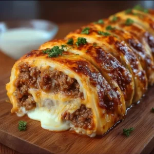 Ultimate cheesy ground beef roll topped with melted cheese, served on a plate.
