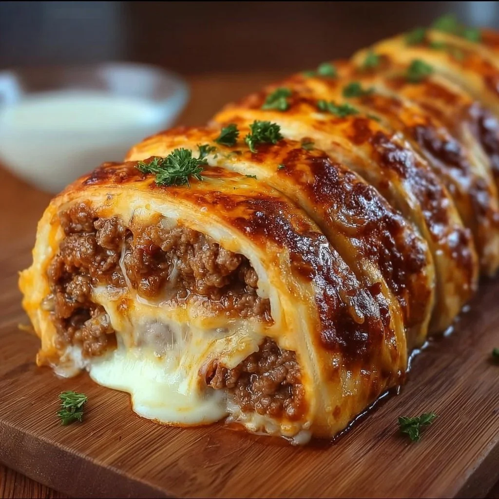 Ultimate cheesy ground beef roll topped with melted cheese, served on a plate.