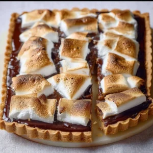 Ultimate S’mores Tart featuring chocolate, marshmallows, and graham cracker crust