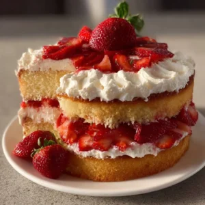 Homemade strawberry shortcake layered with fresh strawberries and whipped cream.
