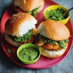 Vada Pav with Green Coconut Chutney Vada Pav served with green coconut chutney, a popular Indian street food.