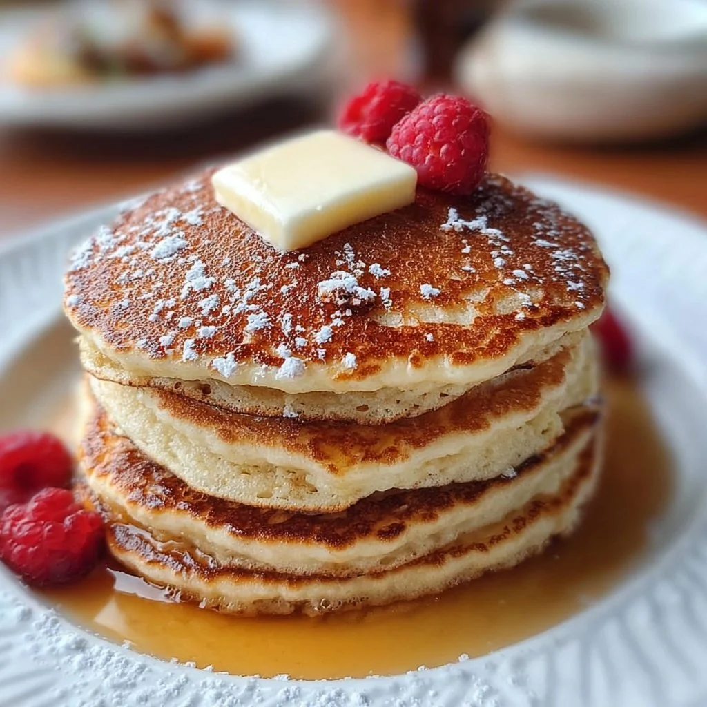 Fluffy vanilla cinnamon buttermilk pancakes stacked on a plate