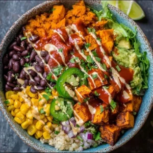 Vegan Sweet Potato Burrito Bowl with colorful vegetables and toppings