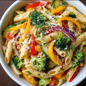 Delicious Vegetarian Pasta Primavera filled with fresh vegetables and herbs