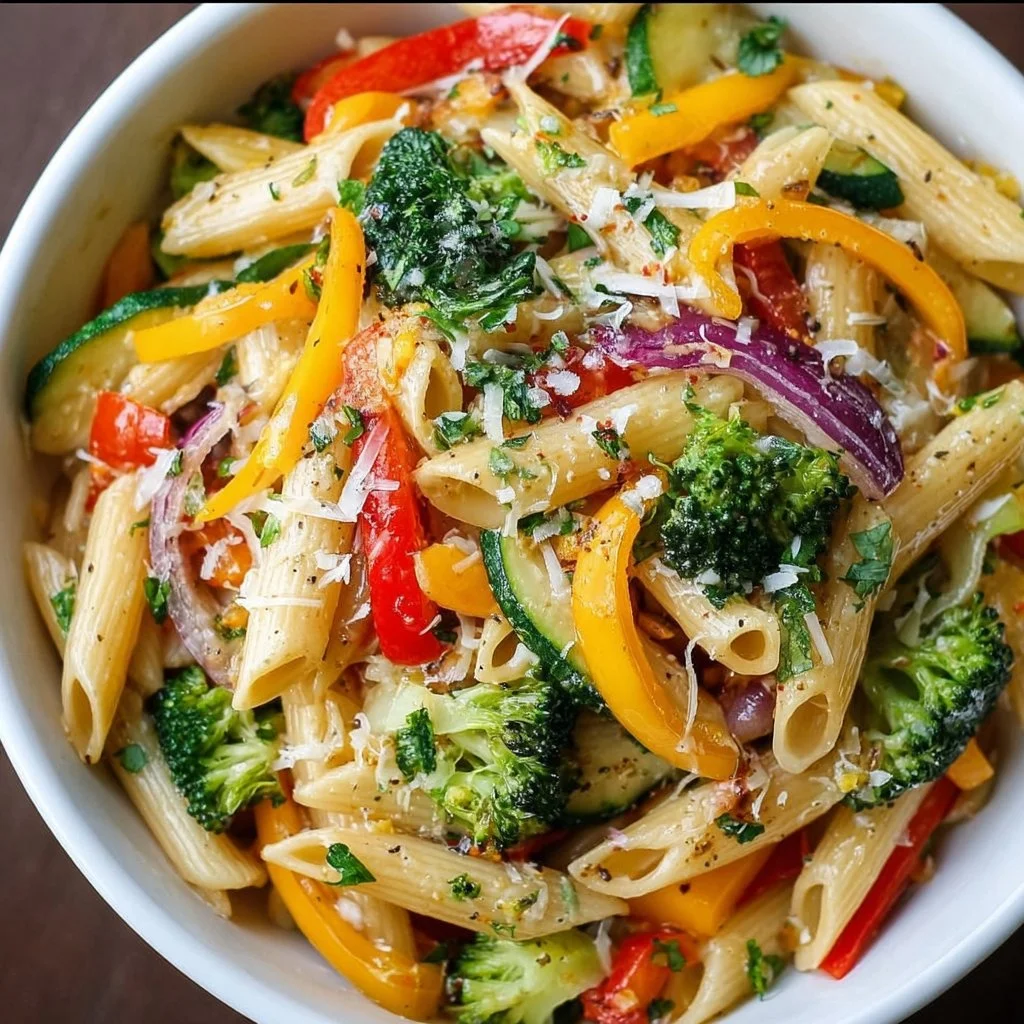 Delicious Vegetarian Pasta Primavera filled with fresh vegetables and herbs