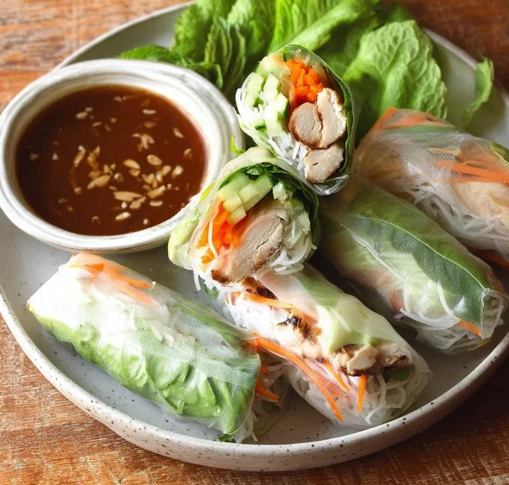 Vietnamese summer rolls with chicken, fresh ingredients, and vibrant colors.