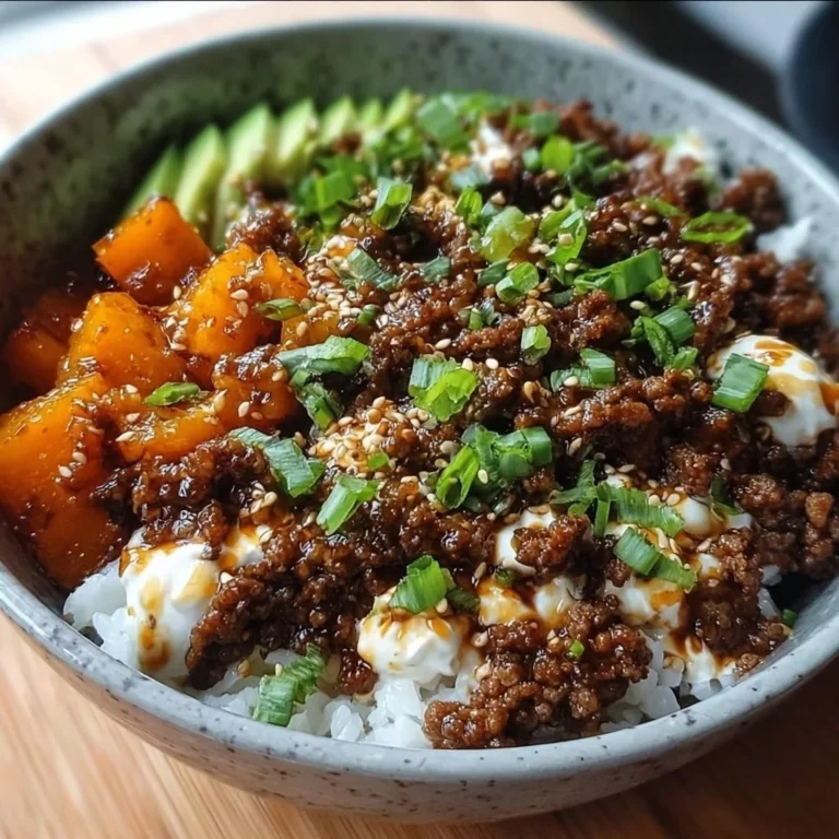 Delicious ground beef hot honey bowl with savory and sweet toppings