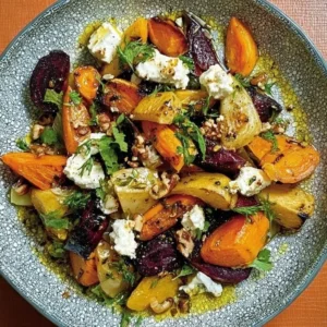 Warm salad of root vegetables topped with goat's cheese, served in a bowl