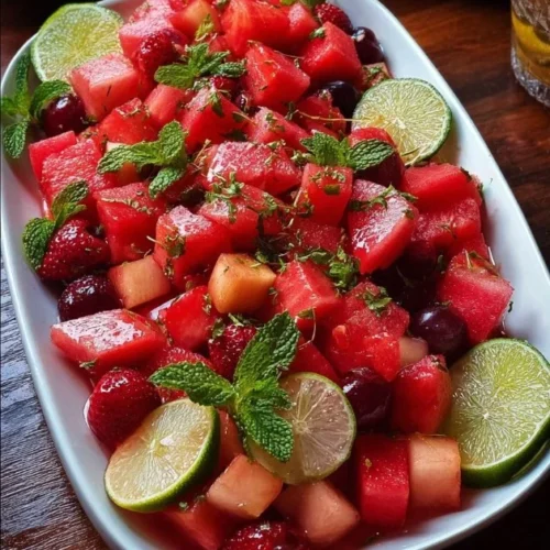 Watermelon fruit salad with lime and mint dressing in a bowl.