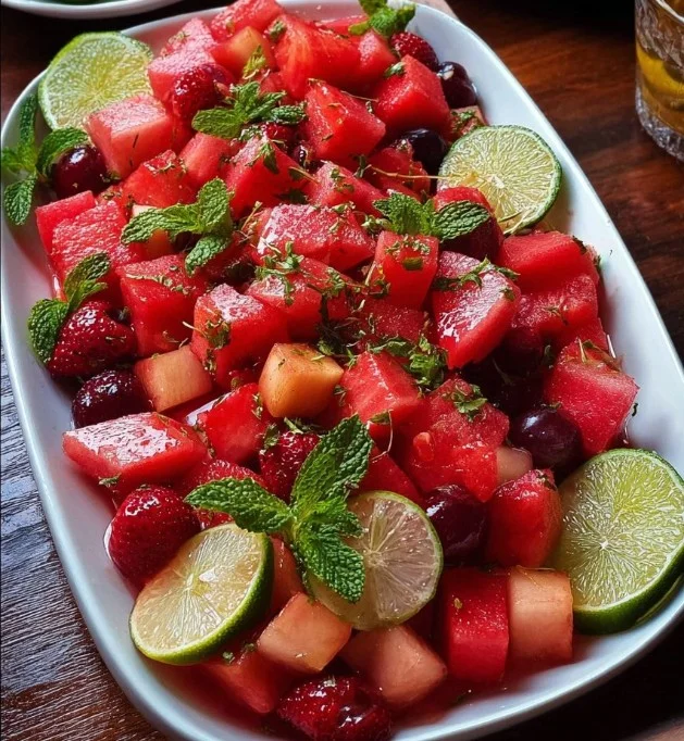 Watermelon fruit salad with lime and mint dressing in a bowl.
