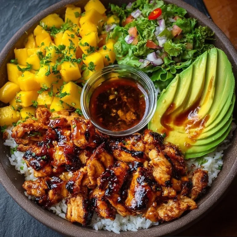 Delicious BBQ Chicken Mango Bowl served with fresh ingredients and vibrant colors