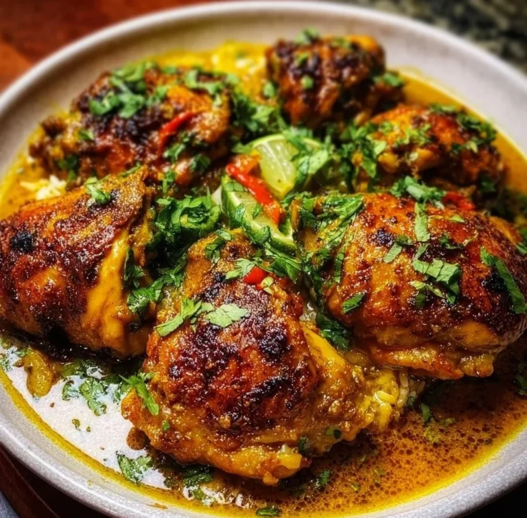 30 Minute Curry Chicken Thighs served in a bowl with rice and cilantro