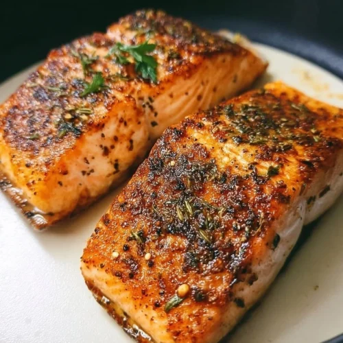 Golden brown air fryer salmon fillet served with vegetables