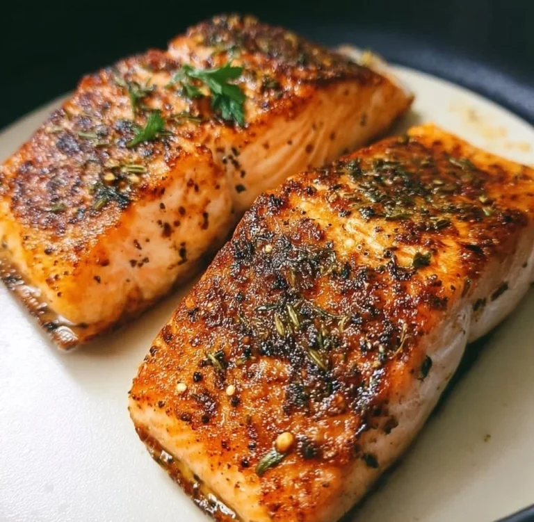 Golden brown air fryer salmon fillet served with vegetables