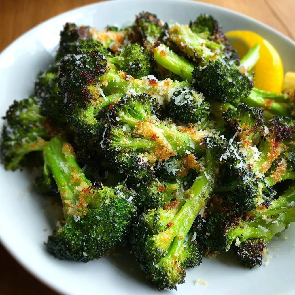 Plate of lemon parmesan roasted broccoli garnished with lemon slices.