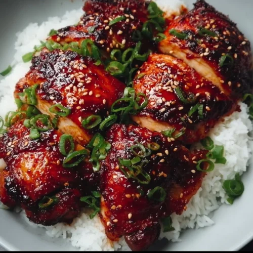 Asian Gochujang Chicken Thighs Asian Gochujang Chicken Thighs served with rice and vegetables