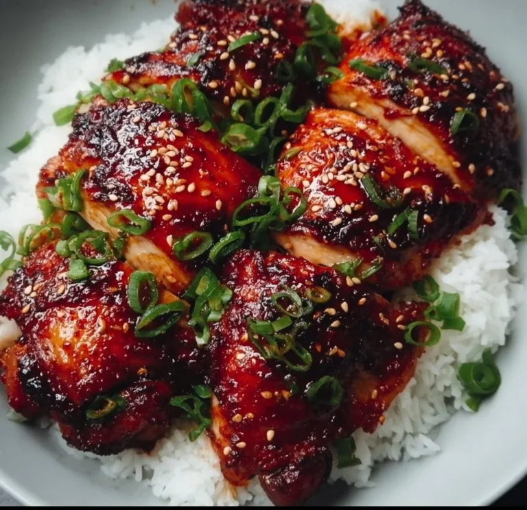 Asian Gochujang Chicken Thighs served with rice and vegetables