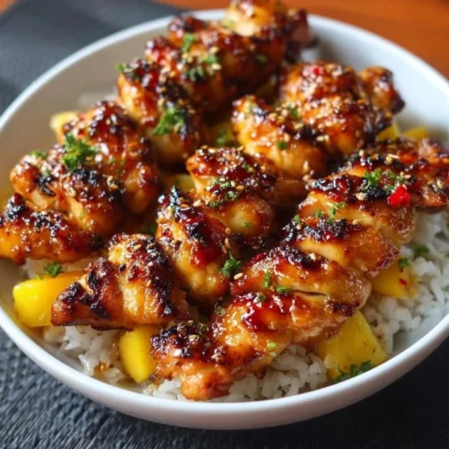 Delicious Asian Mango Glazed Chicken Twists served on a plate.