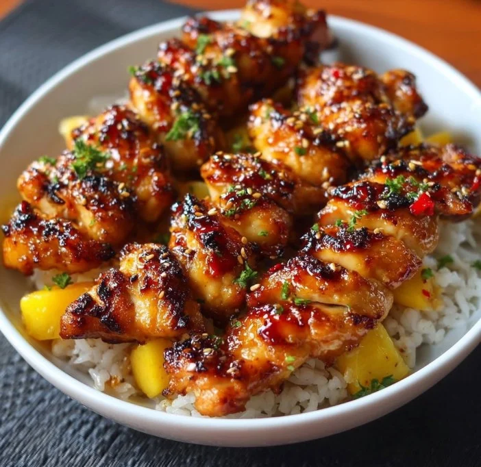Delicious Asian Mango Glazed Chicken Twists served on a plate.