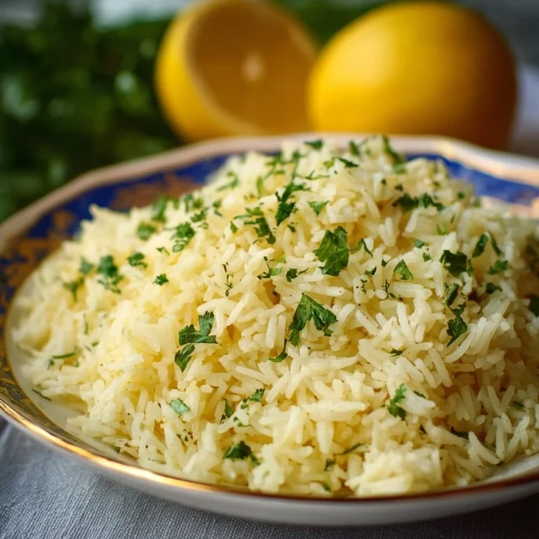 Authentic Greek lemon rice served in a bowl with fresh herbs.