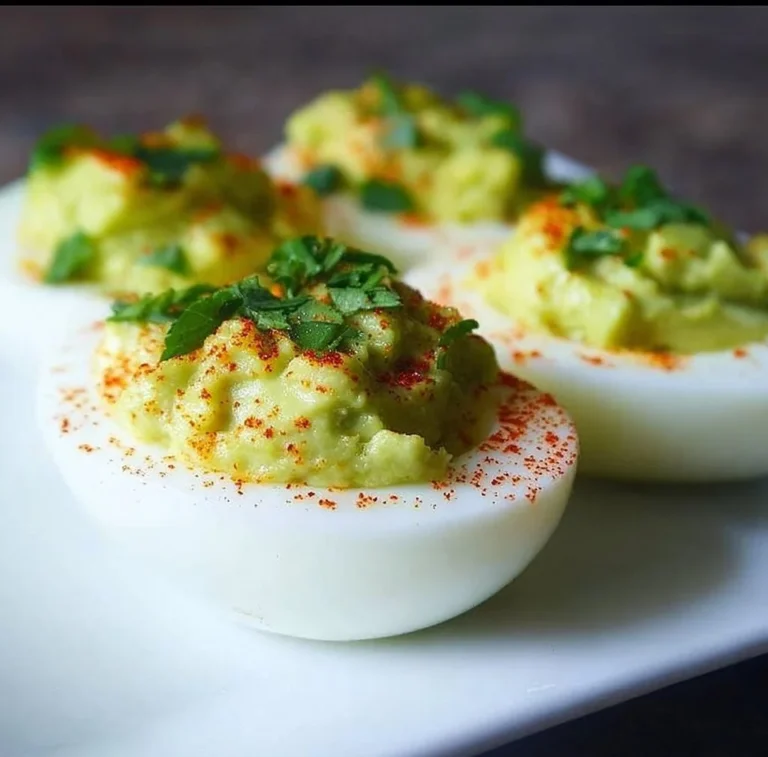 Creamy avocado deviled eggs topped with spices for a healthy appetizer