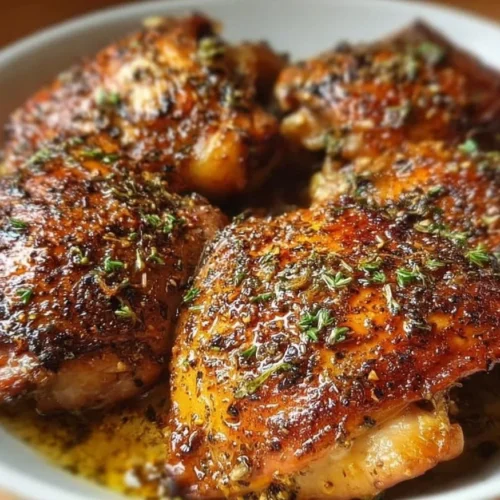 Golden brown baked chicken thighs on a platter garnished with herbs