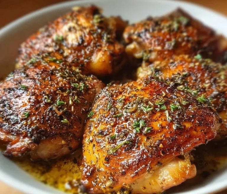 Golden brown baked chicken thighs on a platter garnished with herbs