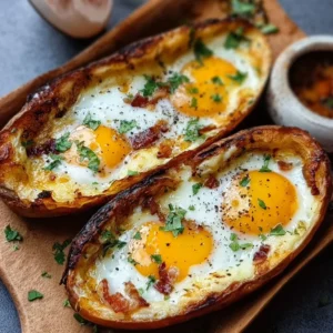 Delicious baked egg boats recipe for brunch served in a stylish dish
