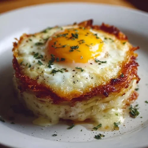 Delicious Baked Eggs Napoleon served in a ramekin with herbs