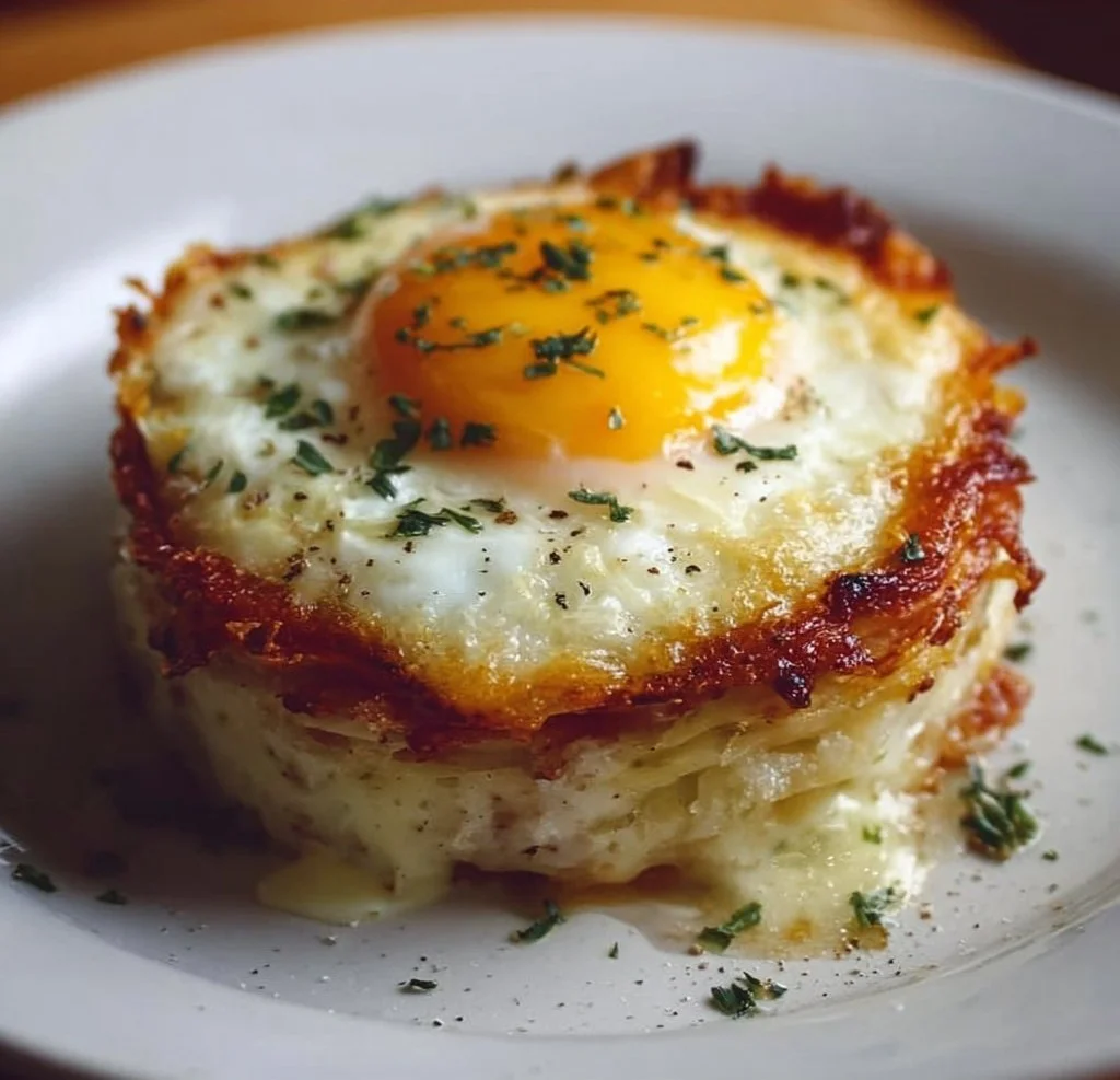 Delicious Baked Eggs Napoleon served in a ramekin with herbs