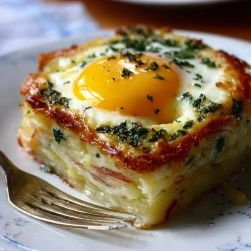 Baked Eggs Napoleon served on a plate with herbs and toast, ideal for brunch.