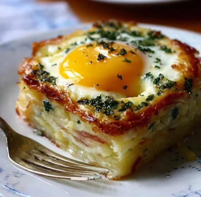 Baked Eggs Napoleon served on a plate with herbs and toast, ideal for brunch.