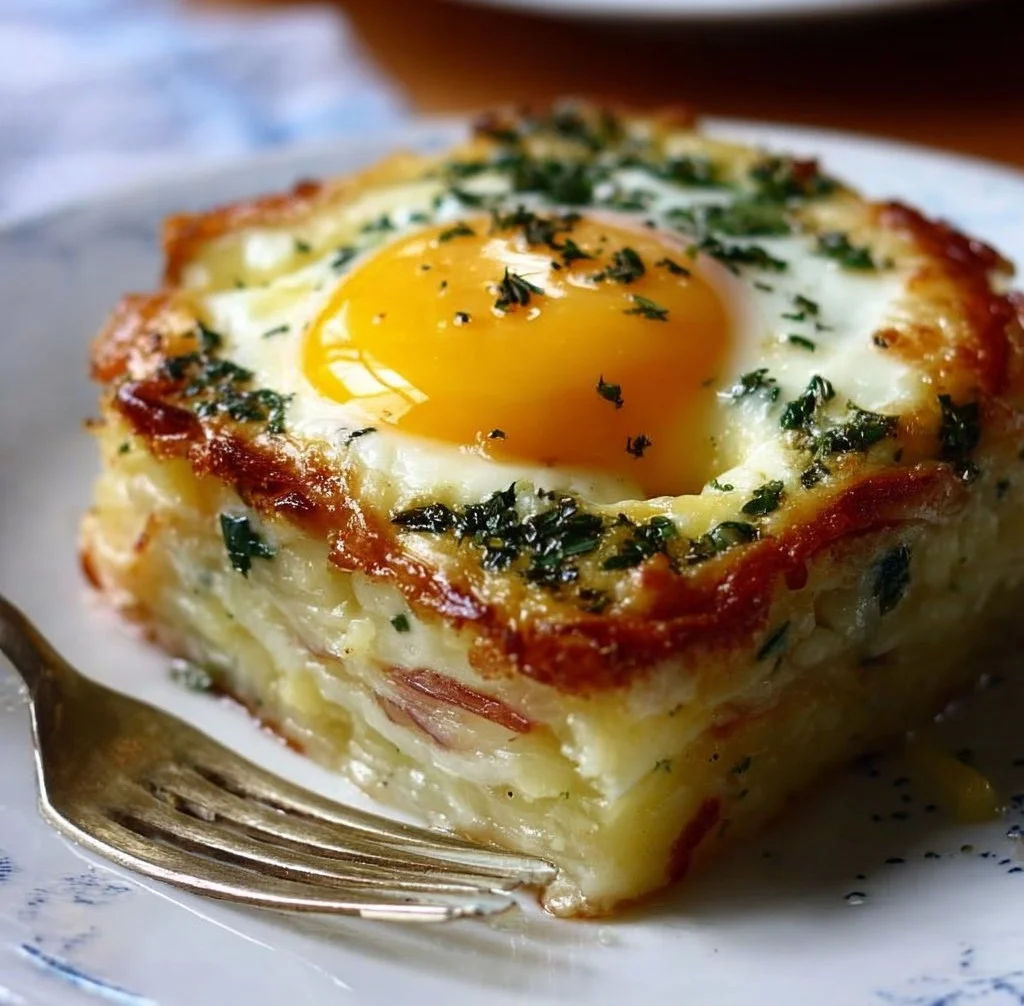 Baked Eggs Napoleon served on a plate with herbs and toast, ideal for brunch.