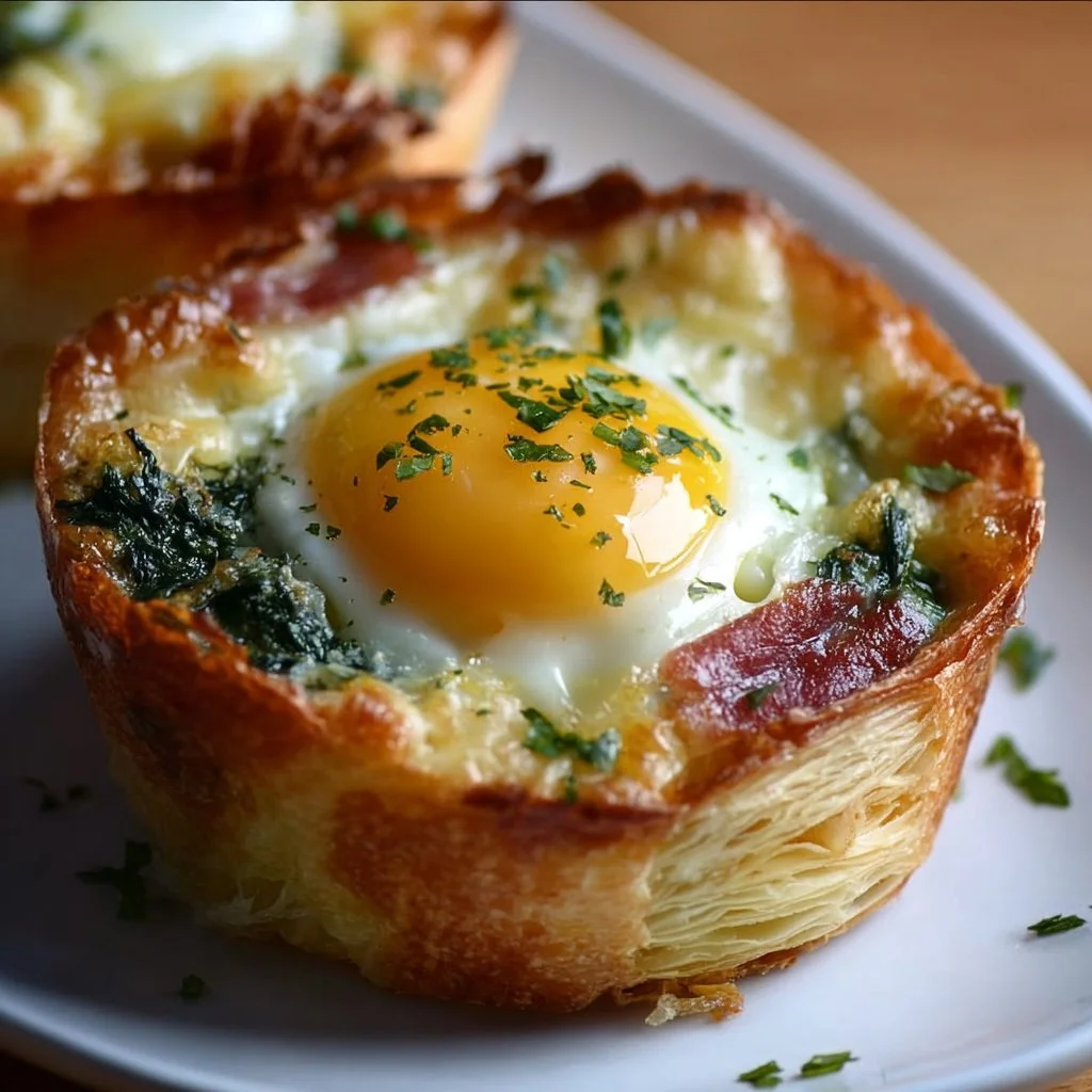 Home Delicious Baked Eggs Napoleon served on a plate with fresh herbs