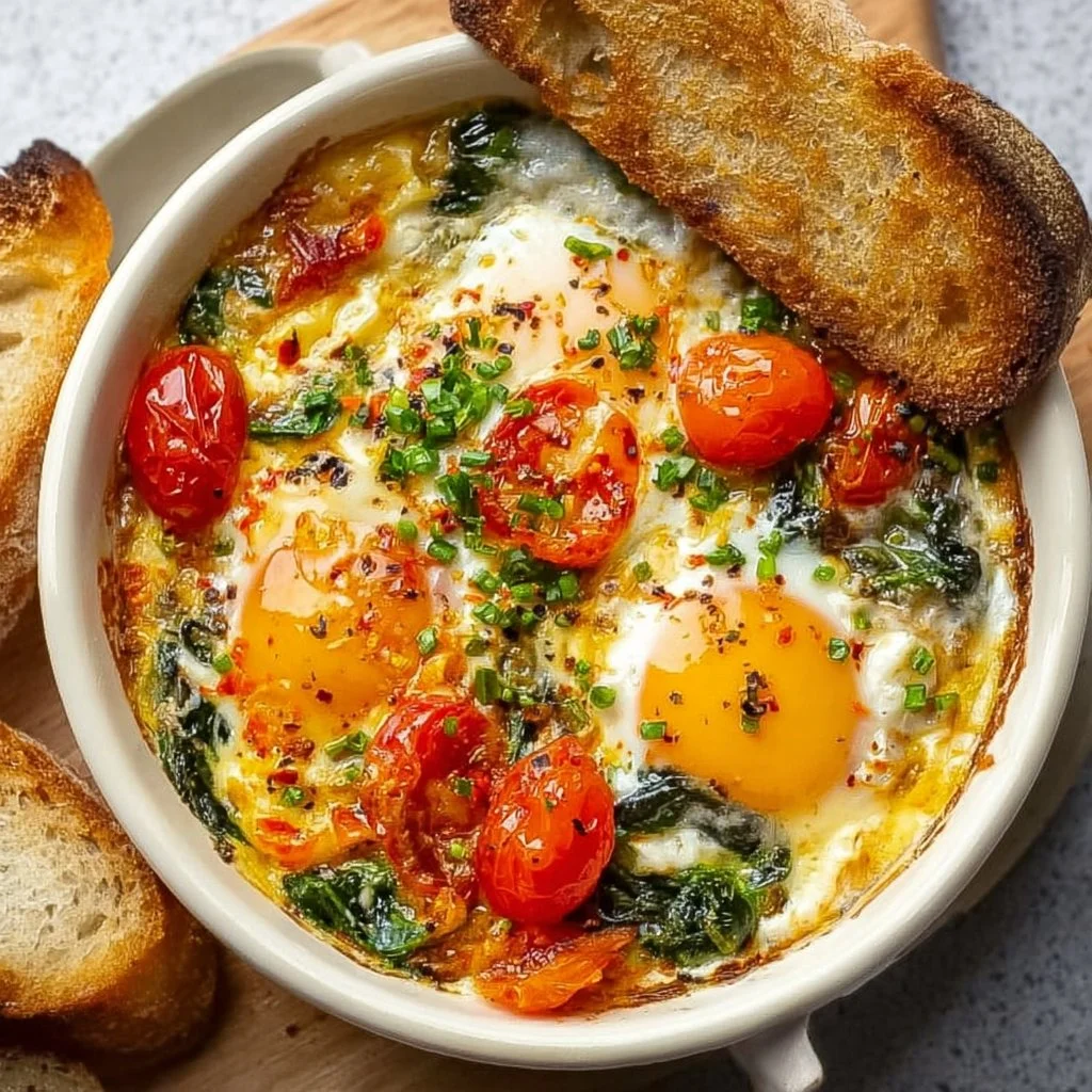 Baked feta eggs with tomatoes and spinach in a serving dish