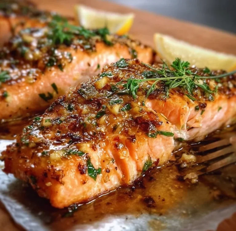 Baked Lemon Dijon Salmon topped with garlic for a flavorful meal