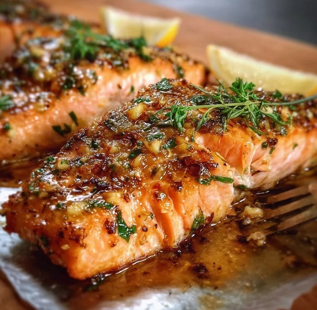 Baked Lemon Dijon Salmon topped with garlic for a flavorful meal