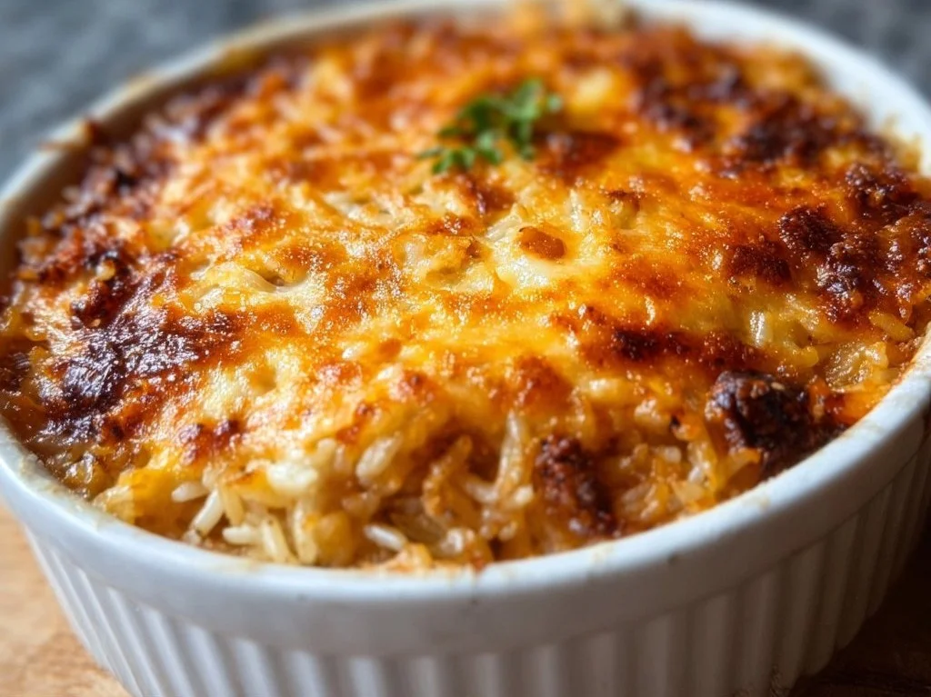 Delicious baked rice dish served with fresh herbs