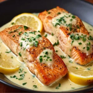 Baked Salmon with Lemon Butter Cream Sauce Baked salmon topped with lemon butter cream sauce on a plate