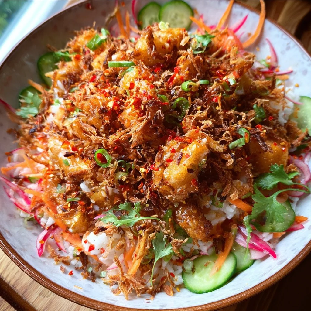 Bang Bang Chicken Crispy Rice Salad with fresh ingredients on a plate