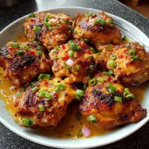 Bang Bang Chicken Thighs That Will Spice Up Your Dinner! Deliciously spiced Bang Bang Chicken Thighs on a plate, ready to serve.