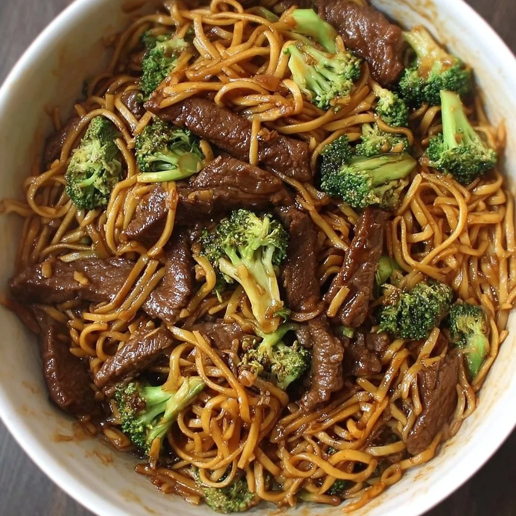 Delicious Beef and Broccoli Lo Mein Noodles served in a bowl