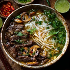 A warm bowl of beef and lemongrass noodle soup with mushrooms, garnished beautifully.