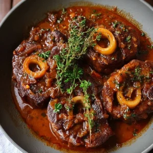 Delicious Beef Osso Bucco served with fresh herbs and vegetables