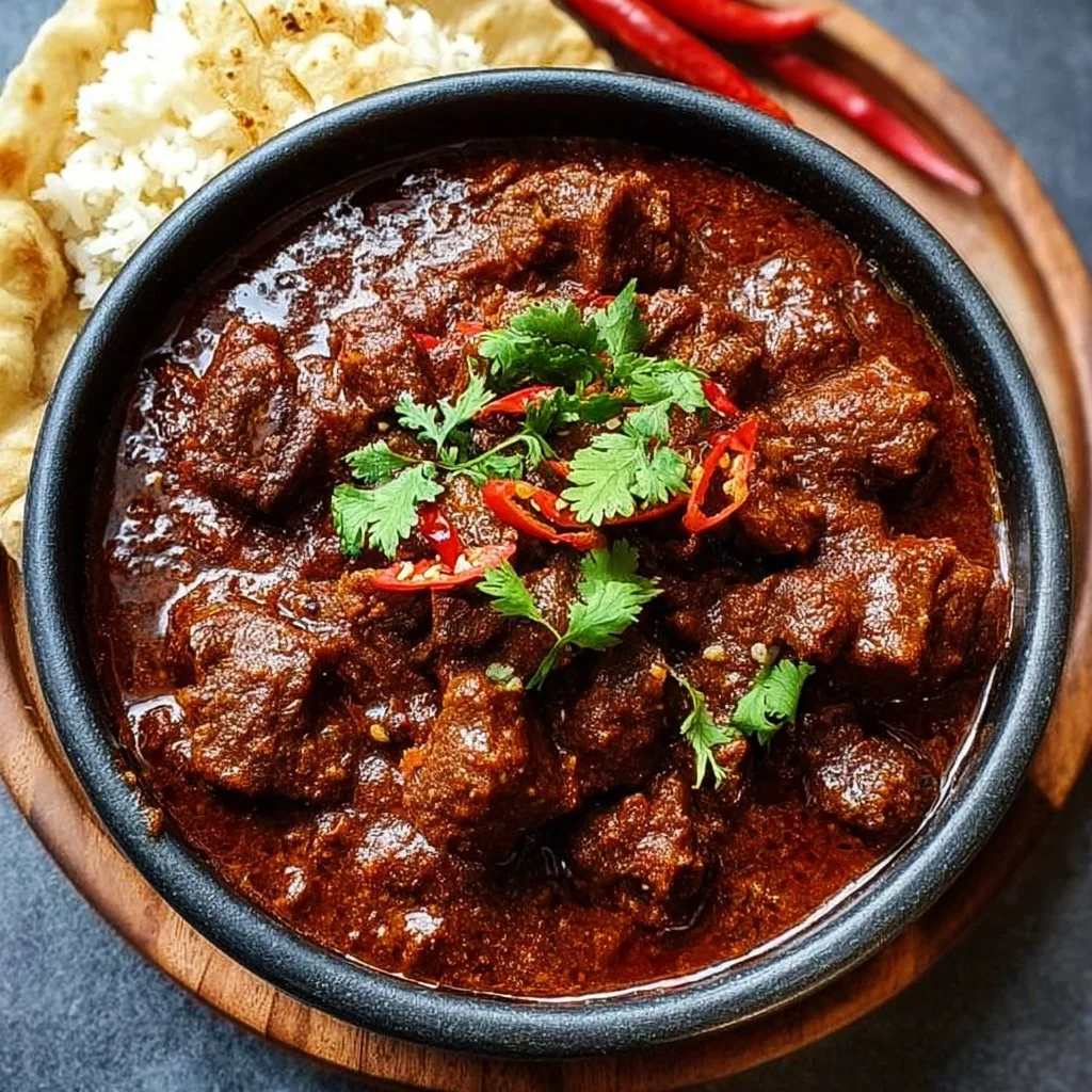 Delicious Beef Vindaloo served in a bowl with spices and herbs