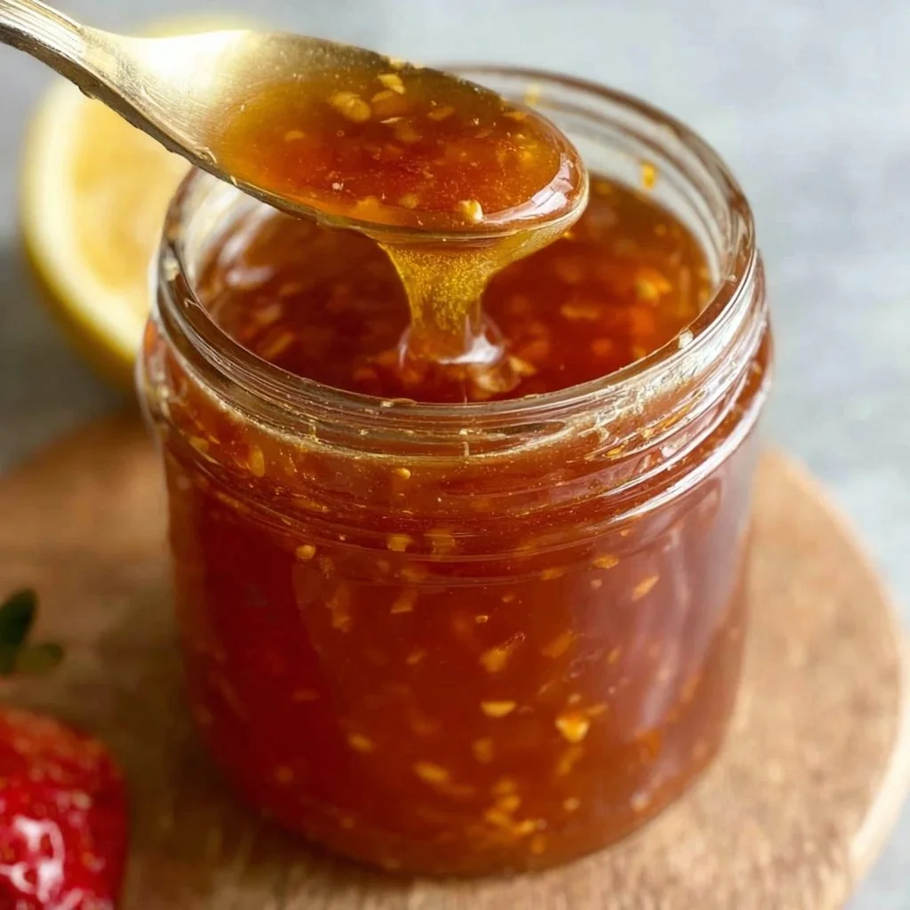 Delicious jar of homemade hot honey with a drizzle on a spoon